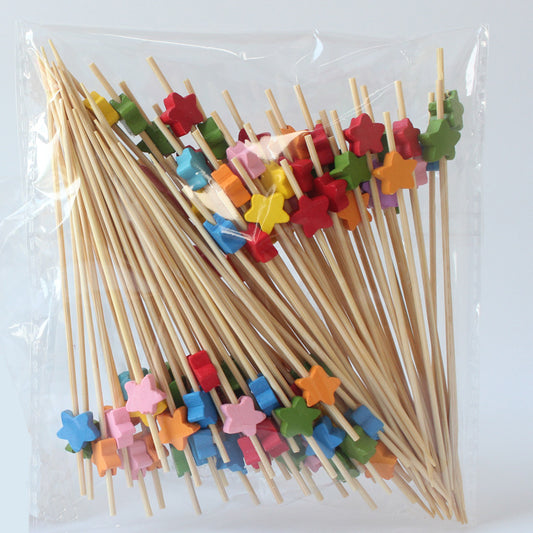 12cm Star-Shaped Bamboo Picks – Mixed Colors, Gold, Hollow Gold/Silver, Red-Blue-White, Red-Black-White, Macaron Stars & Cake Topper Stars | 100pcs/Pack | Wholesale EXW Prices