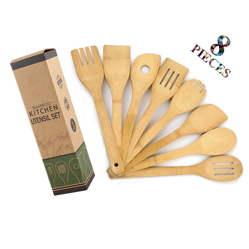 Lot De 5 Ustensiles De Cuisine En Bambou - Cuillère, Spatule, Support Inclus - Écologique Et Durable