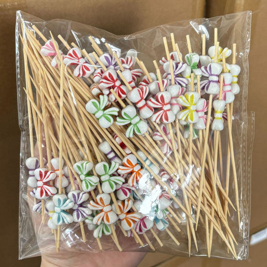 12cm Kids-Themed Washed-Color Bamboo Picks – Heart, Round Bead, Fish, Butterfly, Flower, Bow, Bubble, White Smile Face | 100pcs/Pack | Wholesale EXW Prices