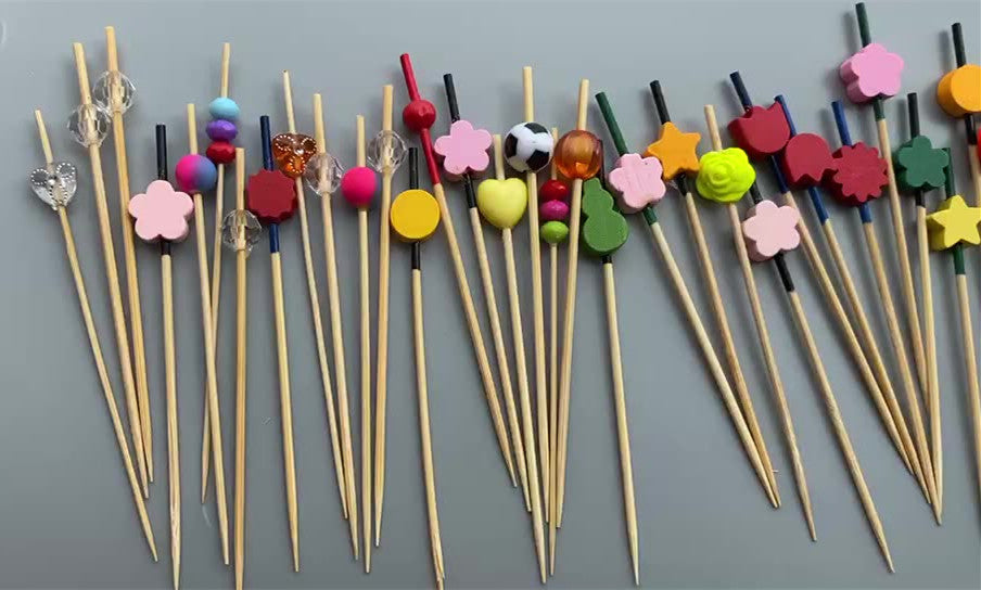 12cm Natural Wood Beaded Bamboo Picks – 100pcs/Pack | Appetizer, Cocktail & Food Skewers | Wholesale EXW Prices