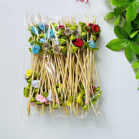 12CM | Pack of 100pcs Satin Rose Flower Bamboo Skewers – Cocktail Picks, Food Picks, Appetizer & Dessert Skewers | Wholesale EXW Prices