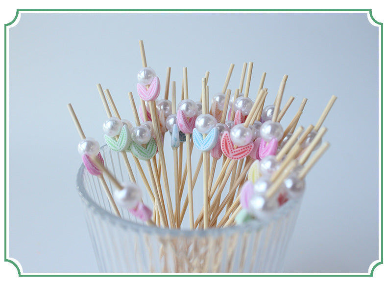 12CM Pearl Flower & Moon Bamboo Cocktail Picks | 100pcs/Pack | Wholesale EXW Prices