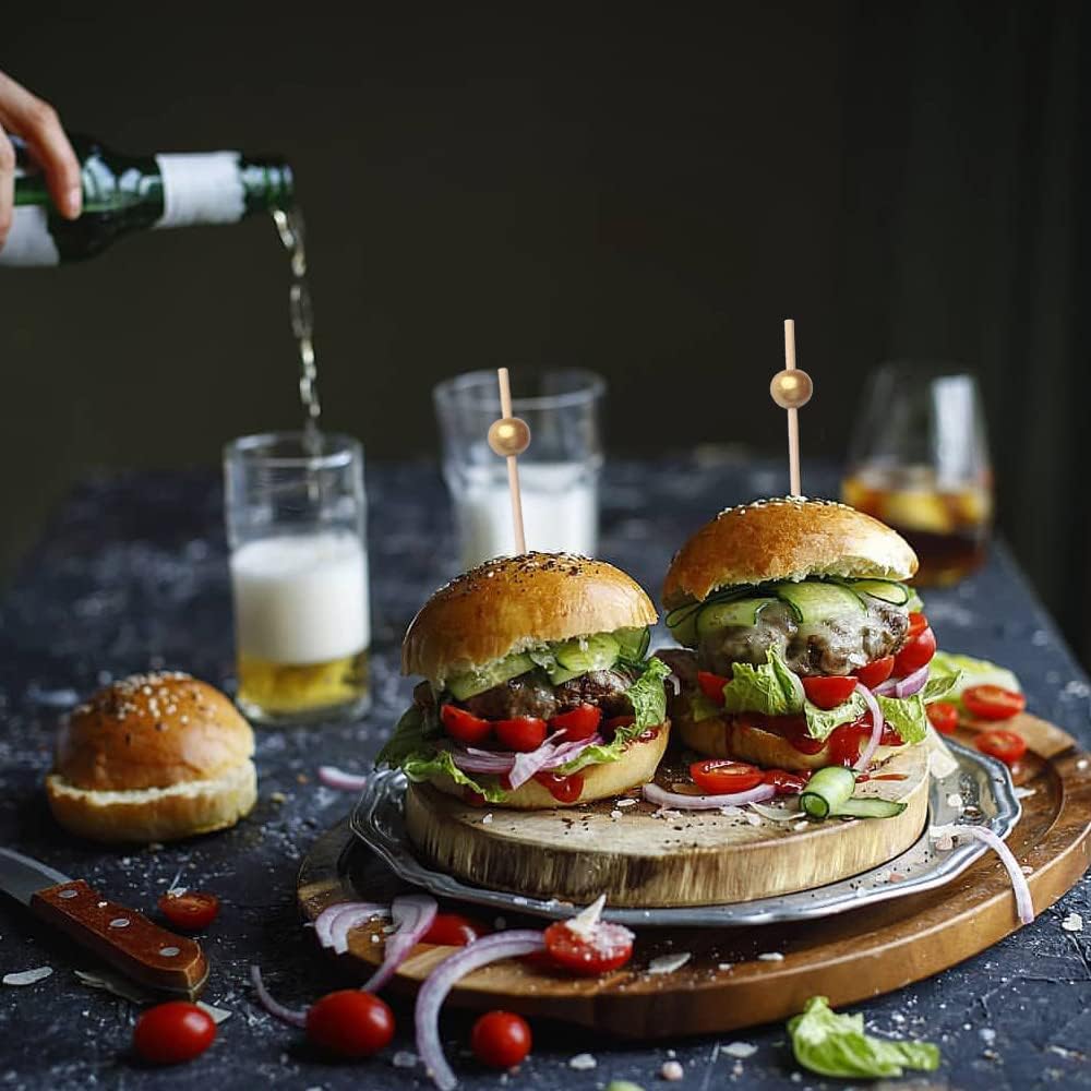 200PCS Cocktail Picks, Fancy Toothpicks for Appetizers, Decorative Bamboo Skewers for Appetizers Drinks Fruit, 4.7 Inch Long Wooden Gold Pearl Food Sticks Charcuterie Boards Accessories Party Supplies