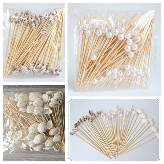 12cm Decorative Bamboo Cocktail Picks – White Pearl, Seashell & Conch Shell | Eco-Friendly Food, Fruit, Dessert & Appetizer Skewers | Wholesale EXW Prices