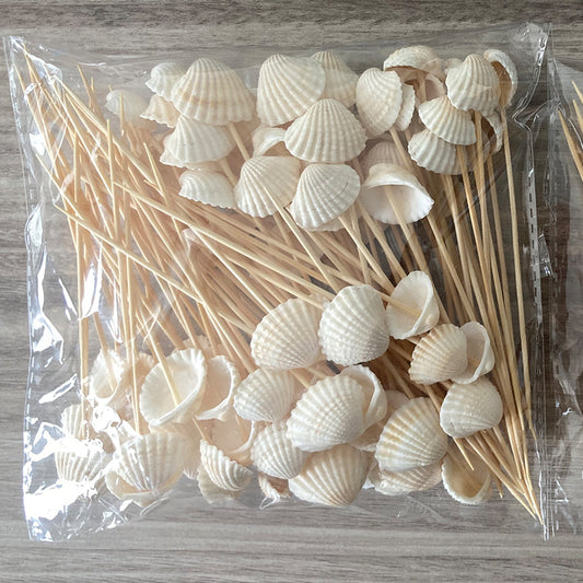 12cm Decorative Bamboo Cocktail Picks – White Pearl, Seashell & Conch Shell | Eco-Friendly Food, Fruit, Dessert & Appetizer Skewers | Wholesale EXW Prices