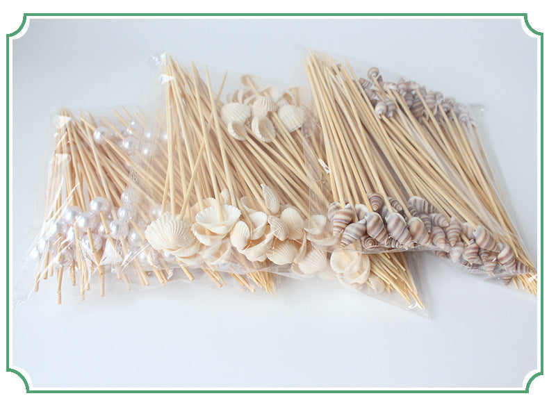 12cm Decorative Bamboo Cocktail Picks – White Pearl, Seashell & Conch Shell | Eco-Friendly Food, Fruit, Dessert & Appetizer Skewers | Wholesale EXW Prices