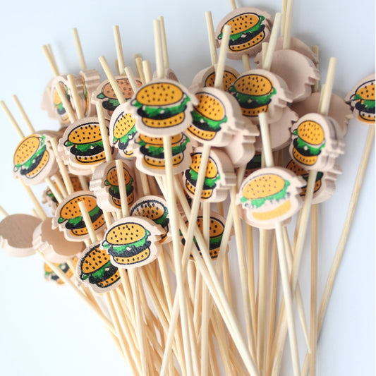 12CM/9CM Cartoon Burger Bamboo Picks Pack of 100pcs | Cat Head & Bear Designs | Cocktail Picks, Food Picks, Appetizer & Dessert Skewers | Wholesale EXW Prices