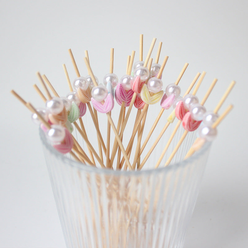 12CM Pearl Flower & Moon Bamboo Cocktail Picks | 100pcs/Pack | Wholesale EXW Prices