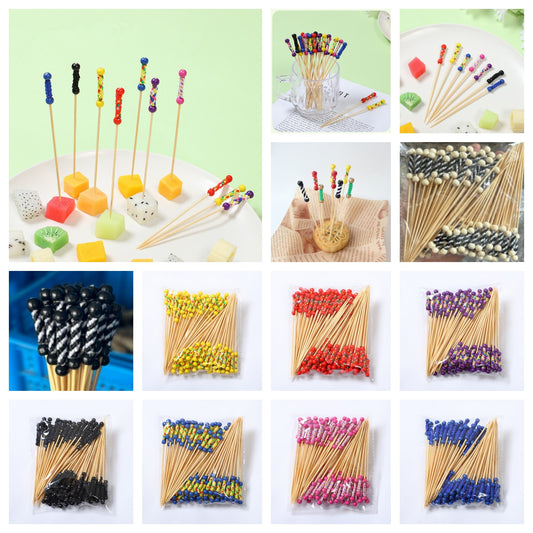 12cm Double Bead Woven Bamboo Picks | Decorative Cocktail & Food Skewers | 100pcs/Pack | Wholesale EXW Prices