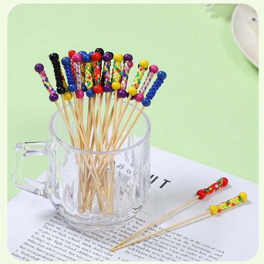 12cm Double Bead Woven Bamboo Picks | Decorative Cocktail & Food Skewers | 100pcs/Pack | Wholesale EXW Prices