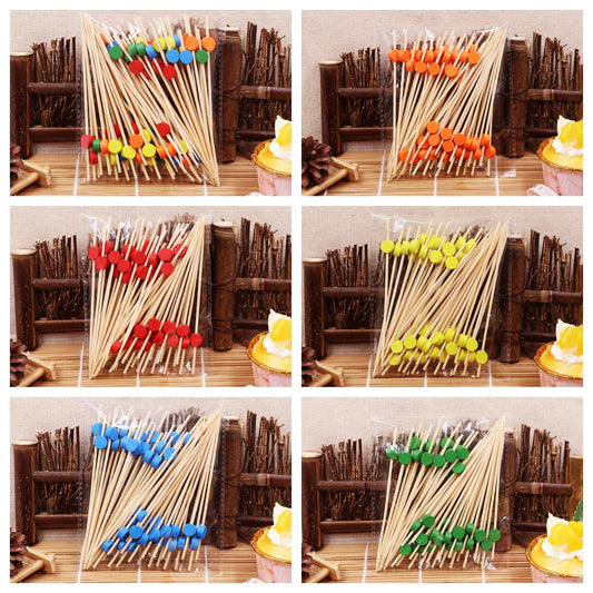 12cm Drum-Shaped Bead Bamboo Picks – Red / Orange / Blue / Yellow / Green / Mixed | 100pcs/Pack | Wholesale EXW Prices