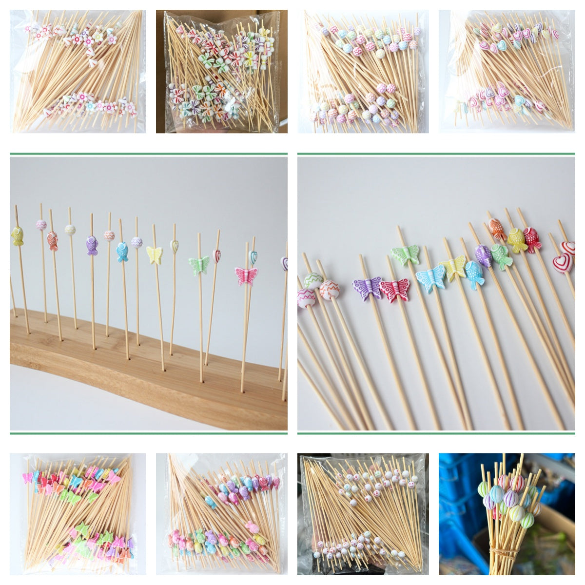 12cm Kids-Themed Washed-Color Bamboo Picks – Heart, Round Bead, Fish, Butterfly, Flower, Bow, Bubble, White Smile Face | 100pcs/Pack | Wholesale EXW Prices