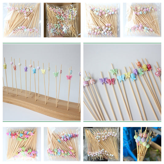 12cm Kids-Themed Washed-Color Bamboo Picks – Heart, Round Bead, Fish, Butterfly, Flower, Bow, Bubble, White Smile Face | 100pcs/Pack | Wholesale EXW Prices
