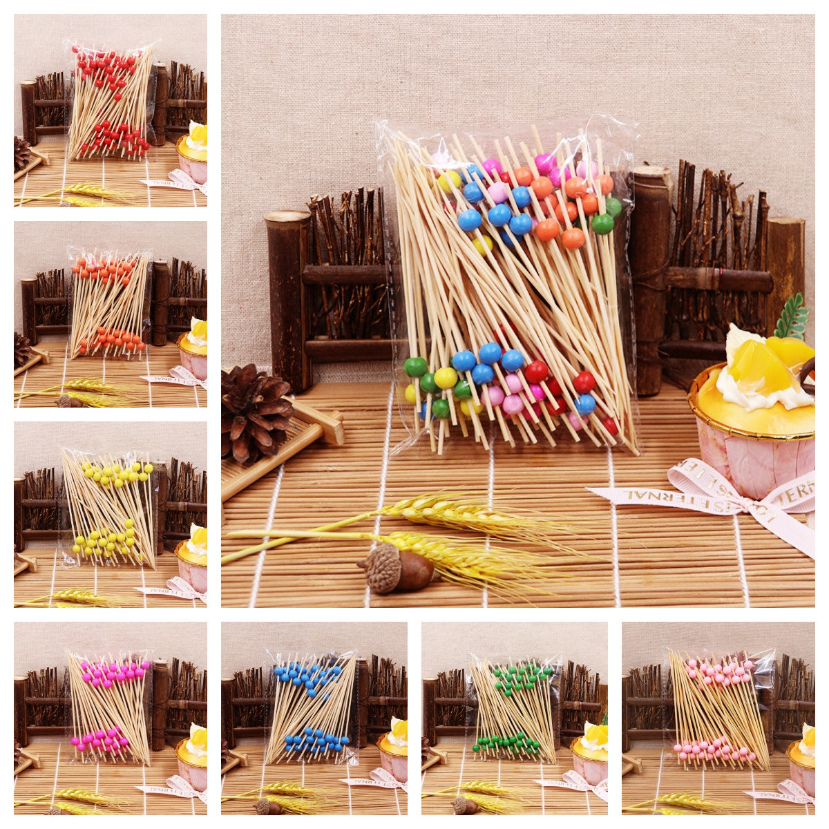 12cm Wooden Bead Bamboo Picks – Green / Pink / Yellow / Orange / Blue / Red / Mixed | 100pcs/Pack | Wholesale EXW Prices