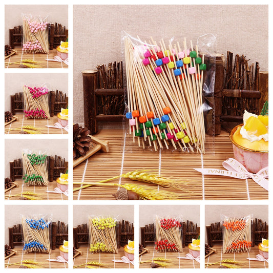 12cm Square Bead Bamboo Picks – Blue / Green / Rose Pink / Light Pink / Red / Orange / Yellow / Mixed | 100pcs/Pack | Wholesale EXW Prices