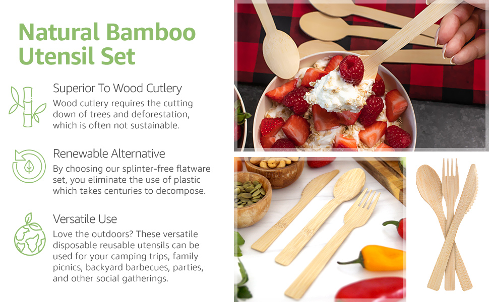 Bamboo Disposables | Bamboo Cutlery | 100-Piece Biodegradable Bamboo Utensils Set – Forks, Spoons & Knives Wholesale