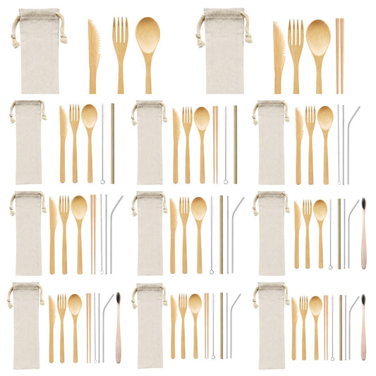 Bamboo Tableware | Reusable Bamboo Cutlery Sets | Eco-Friendly Bamboo Cutlery & Straw Set with Fabric Pouch – Travel Utensil Kit Wholesale