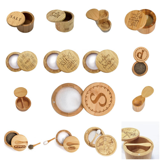 Bamboo Kitchenware | Bamboo Spice Jars & Containers | Eco-Friendly Bamboo Salt Cellar & Spice Jar with Spoon – Custom Laser Logo Wholesale