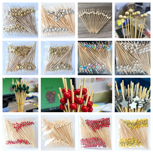 12cm Wooden Bead Bamboo Picks – Green / Pink / Yellow / Orange / Blue / Red / Mixed | 100pcs/Pack | Wholesale EXW Prices