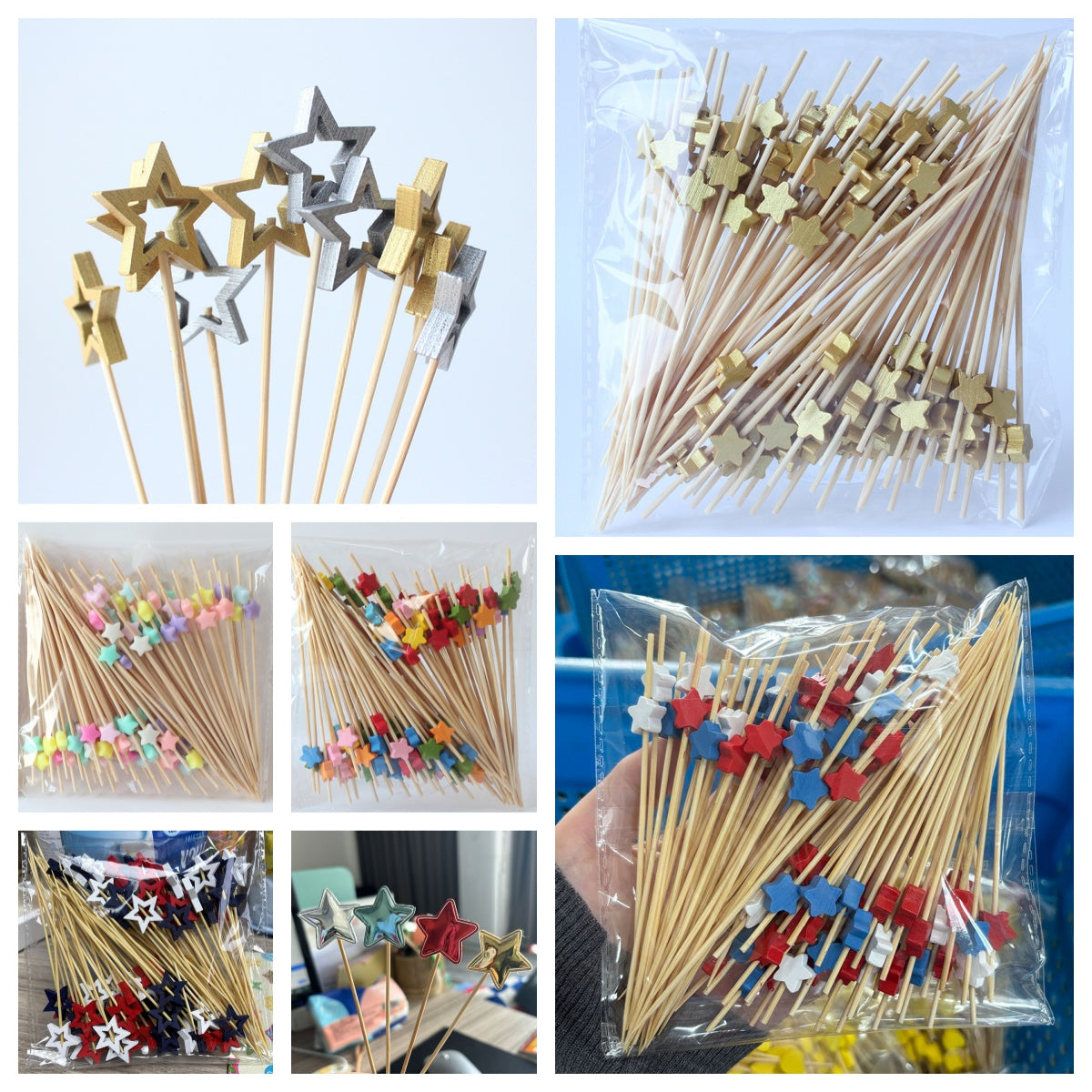 12cm Star-Shaped Bamboo Picks – Mixed Colors, Gold, Hollow Gold/Silver, Red-Blue-White, Red-Black-White, Macaron Stars & Cake Topper Stars | 100pcs/Pack | Wholesale EXW Prices
