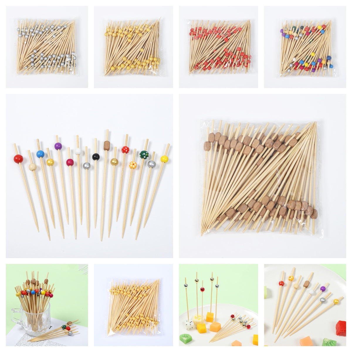 12cm Wooden Bead Bamboo Picks – Green / Pink / Yellow / Orange / Blue / Red / Mixed | 100pcs/Pack | Wholesale EXW Prices