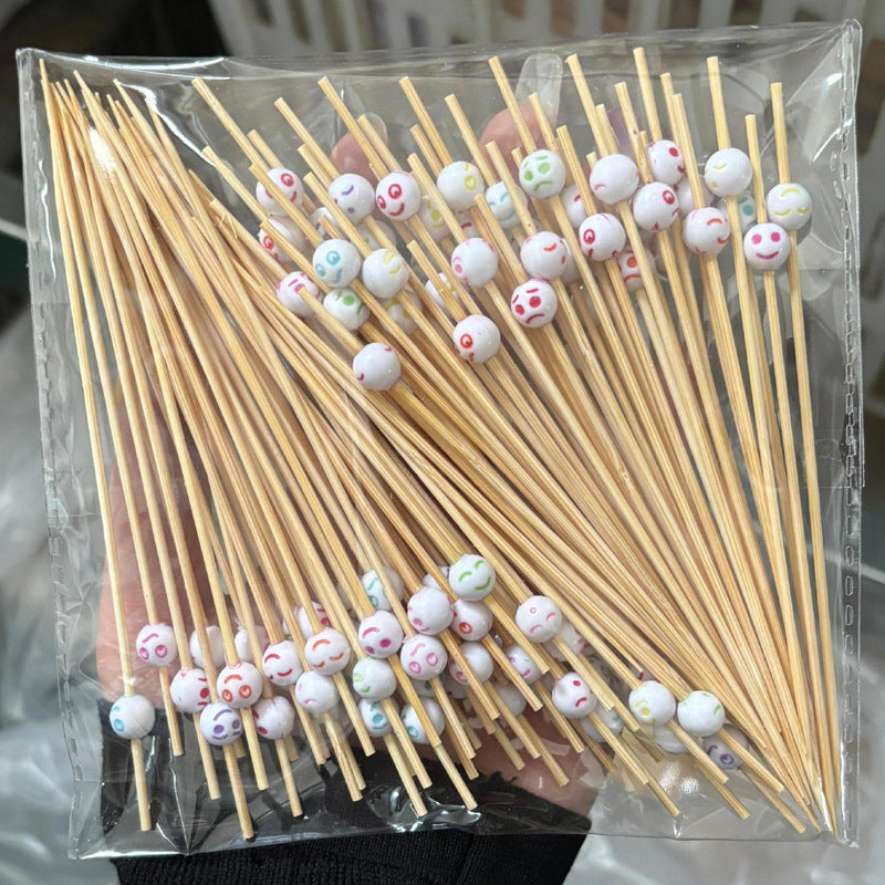 12cm Kids-Themed Washed-Color Bamboo Picks – Heart, Round Bead, Fish, Butterfly, Flower, Bow, Bubble, White Smile Face | 100pcs/Pack | Wholesale EXW Prices