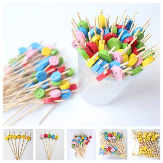 12CM Cute Smiley Face Bamboo Skewers Pack of 100pcs | Multicolor Mix / Single-Sided Yellow | Cocktail Picks, Food Picks, Dessert & Appetizer Skewers | Wholesale EXW Prices