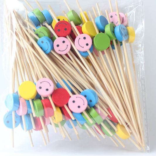 12CM Cute Smiley Face Bamboo Skewers Pack of 100pcs | Multicolor Mix / Single-Sided Yellow | Cocktail Picks, Food Picks, Dessert & Appetizer Skewers | Wholesale EXW Prices