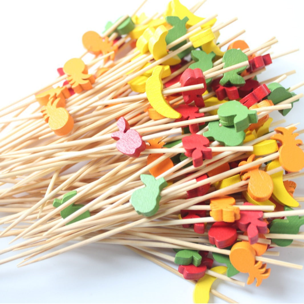 12cm Fruit-Shaped Bamboo Cocktail Picks – Carrot, Apple, Orange, Banana, Kiwi, Strawberry, Pineapple, Watermelon, Lime, Tomato, Mushroom & Mixed Fruits | Pack of 100pcs | Eco-Friendly Food & Appetizer Skewers | Wholesale EXW Prices