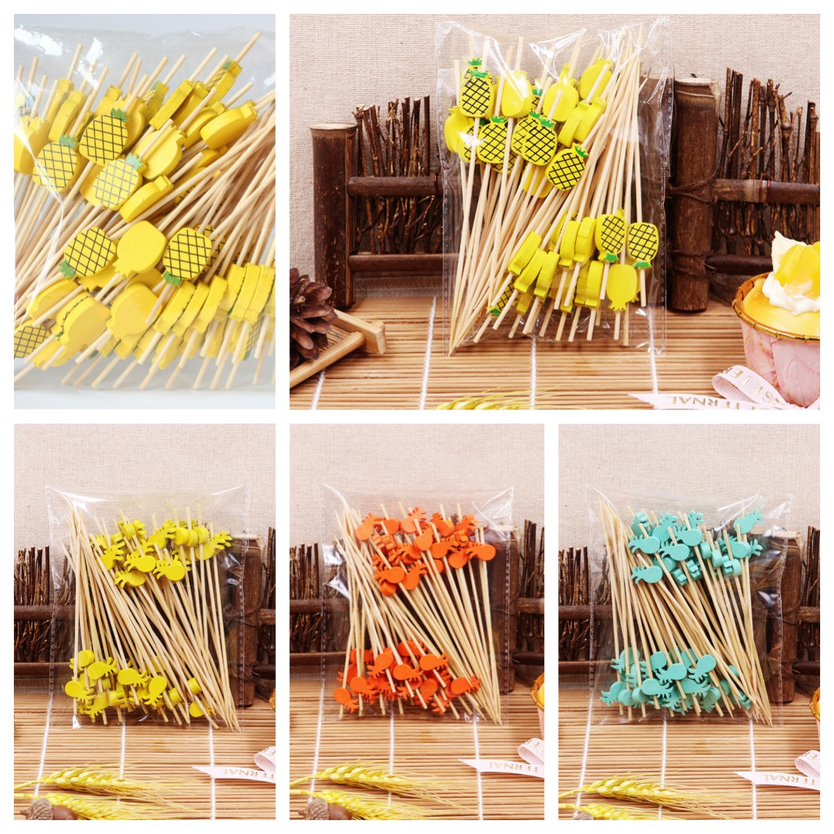 12cm Pineapple Bamboo Cocktail Picks – Large Yellow & Small Yellow/Orange/Blue | Pack of 100pcs | Eco-Friendly Food, Fruit, Dessert & Appetizer Skewers | Wholesale EXW Prices