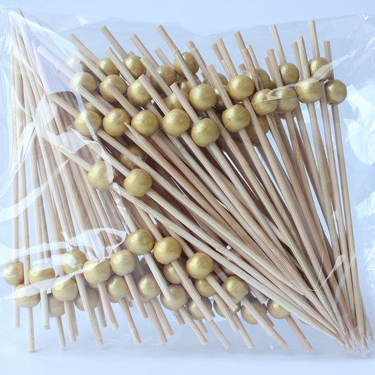 200PCS Cocktail Picks, Fancy Toothpicks for Appetizers, Decorative Bamboo Skewers for Appetizers Drinks Fruit, 4.7 Inch Long Wooden Gold Pearl Food Sticks Charcuterie Boards Accessories Party Supplies
